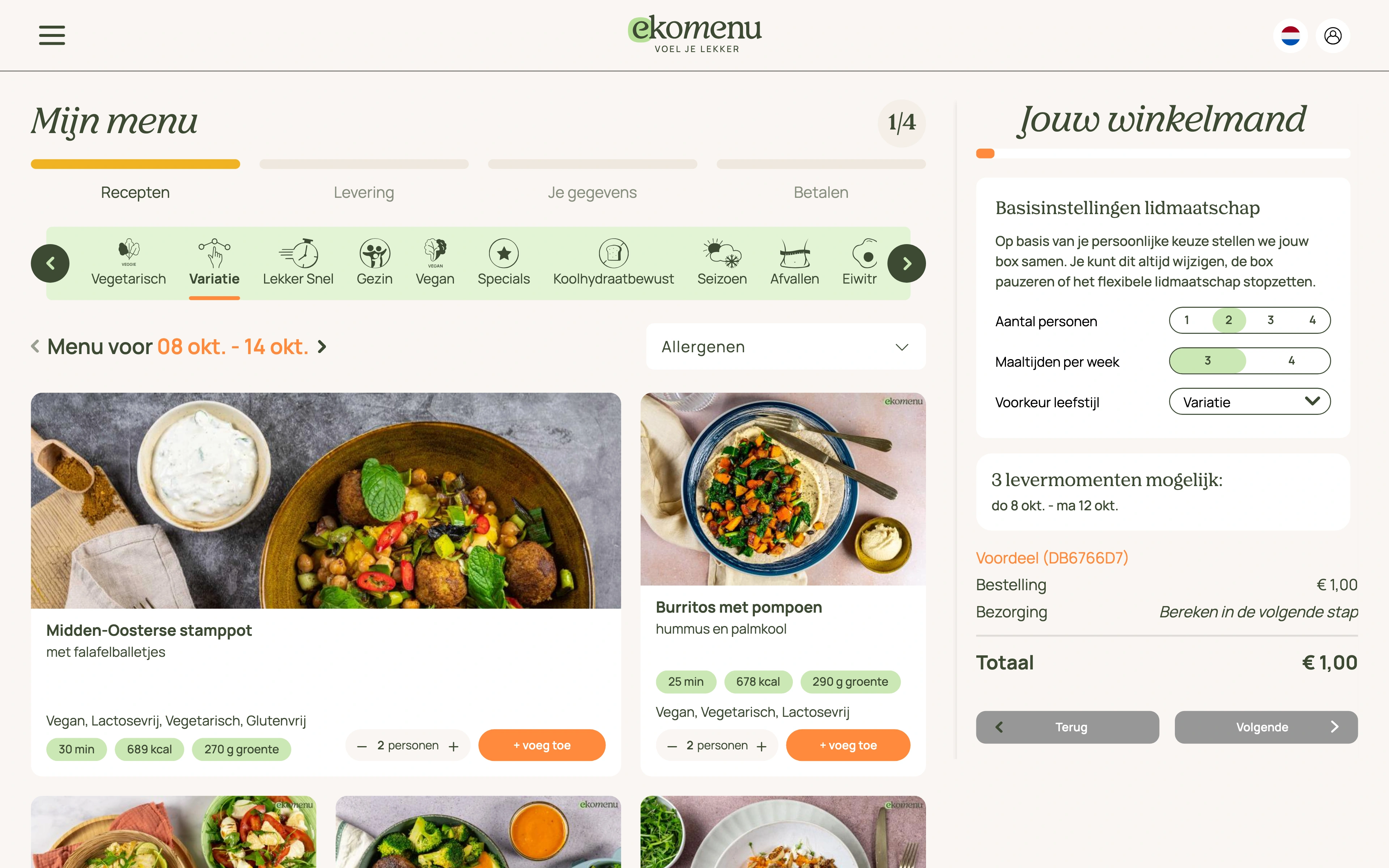 Het weekmenu van Ekomenu, waarin klanten hun gerechten kiezen
