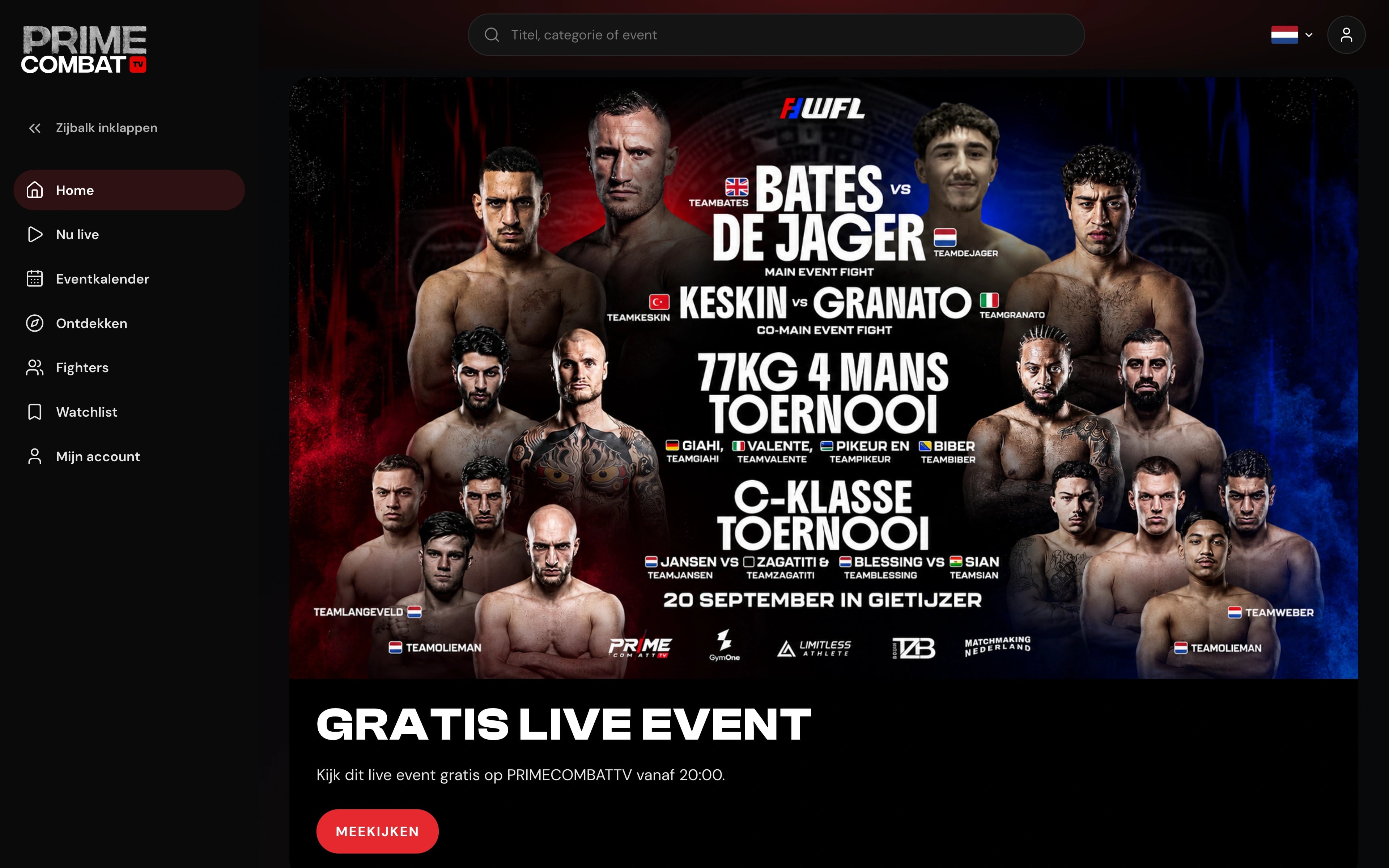 Website van Prime Combat TV