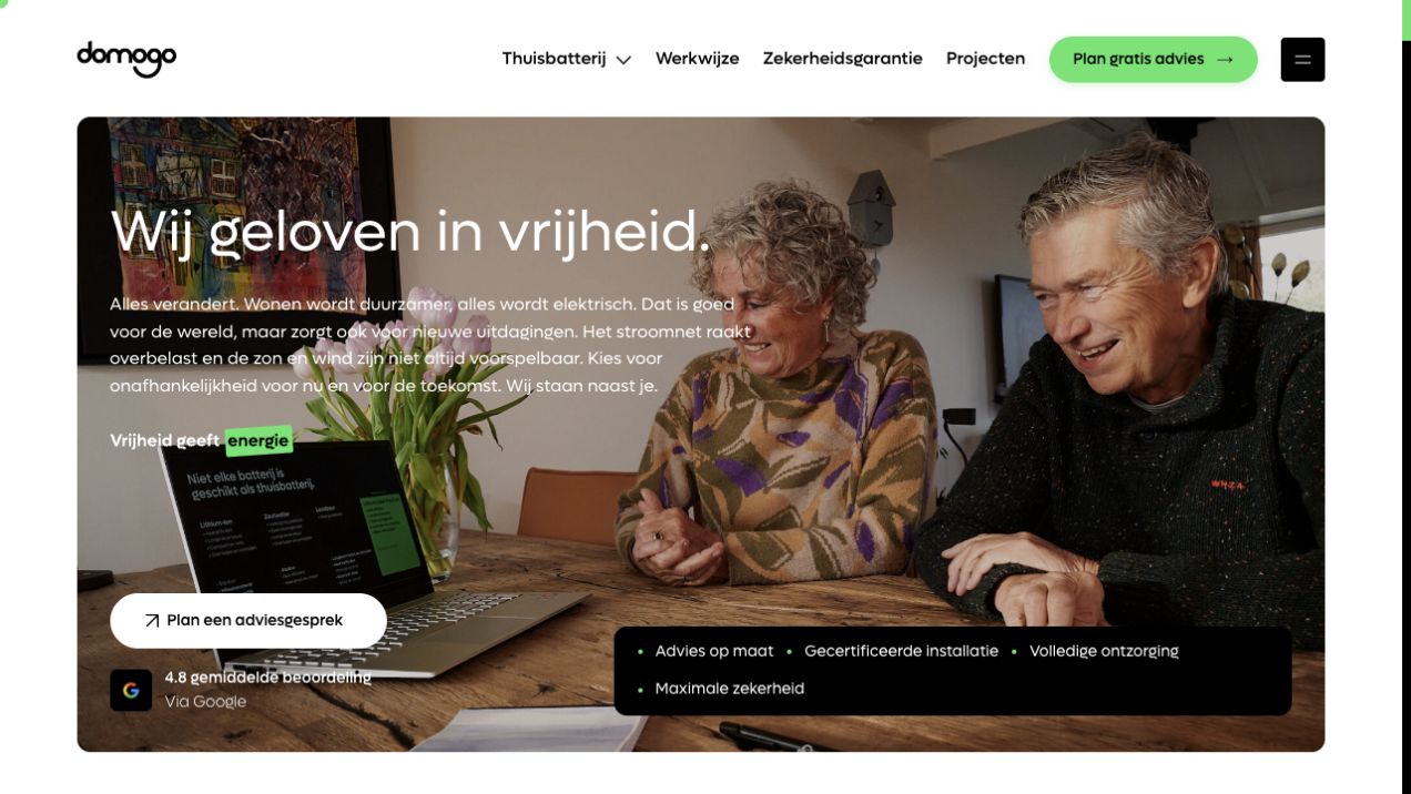 De publieke website van Domogo